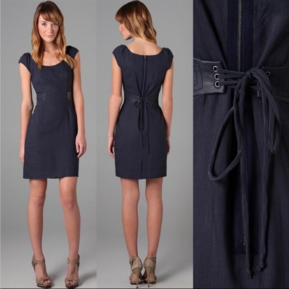 Rebecca Taylor Navy Linen Blend Dress with Lamb Leather Sides & Corset Back 8 - Picture 1 of 8